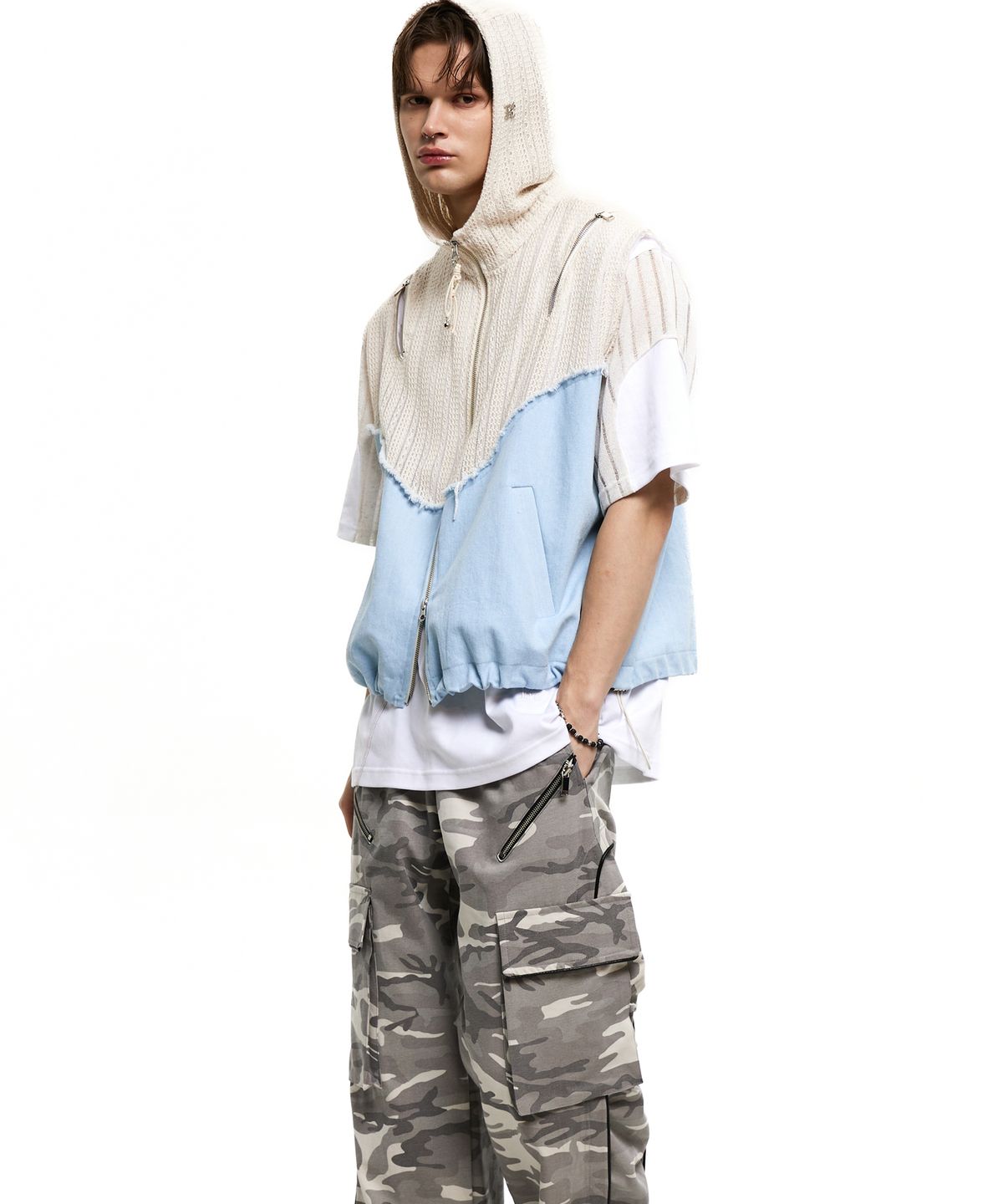 알에스에스씨(RSSC) KNIT & DENIM HOOD ZIPUP VEST - IVORY/LIGHT DENIM