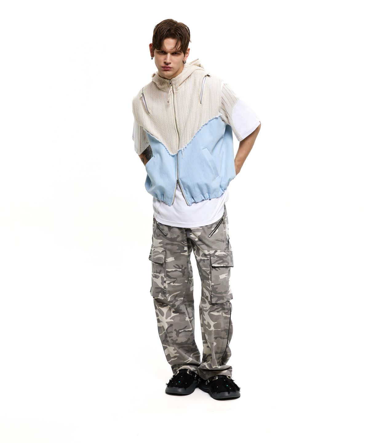 알에스에스씨(RSSC) KNIT & DENIM HOOD ZIPUP VEST - IVORY/LIGHT DENIM