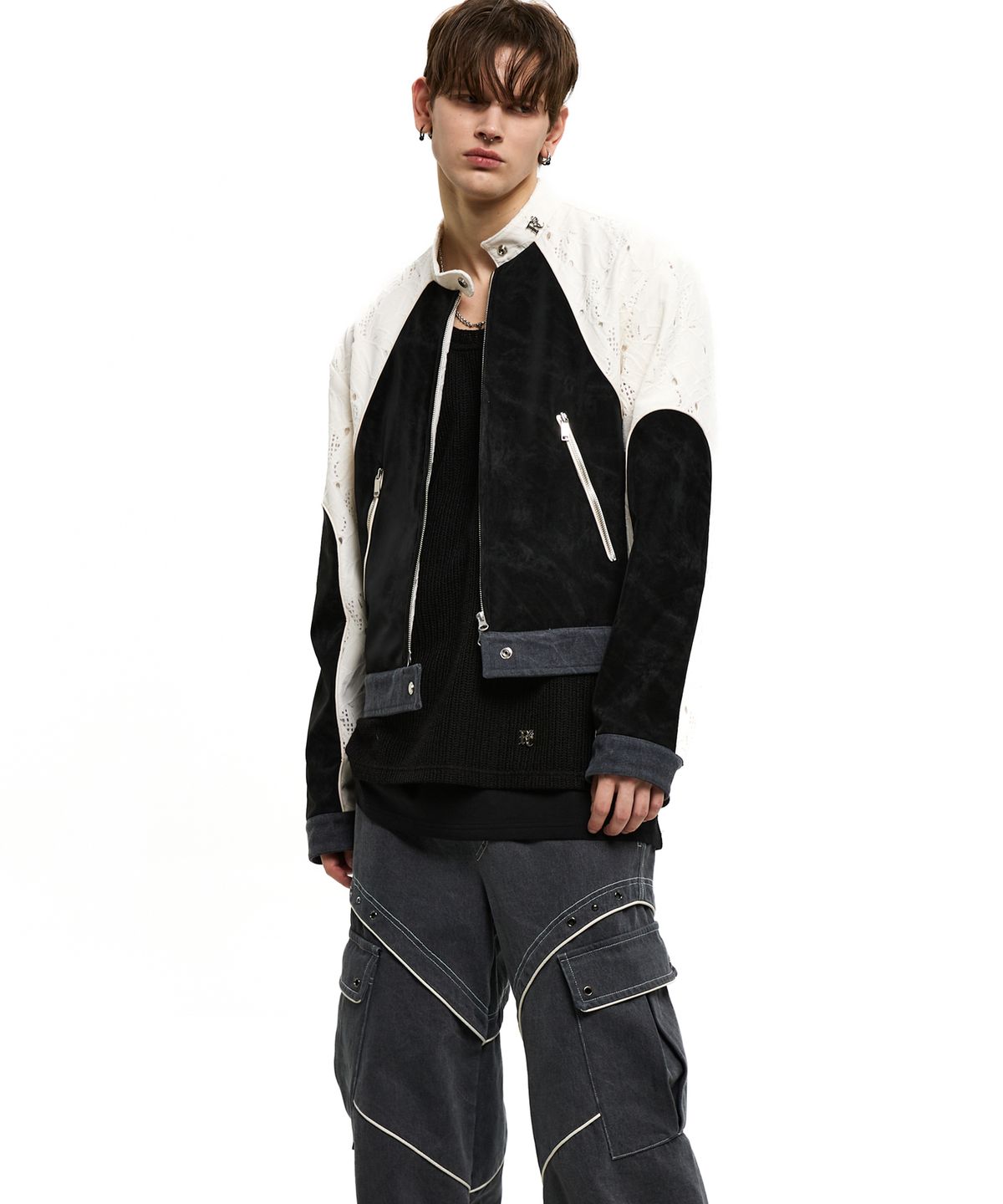 알에스에스씨(RSSC) PUNCHING & LEATHER BIKER JACHET - WHITE/BLACK