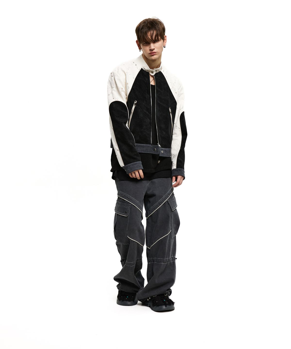 알에스에스씨(RSSC) PUNCHING & LEATHER BIKER JACHET - WHITE/BLACK