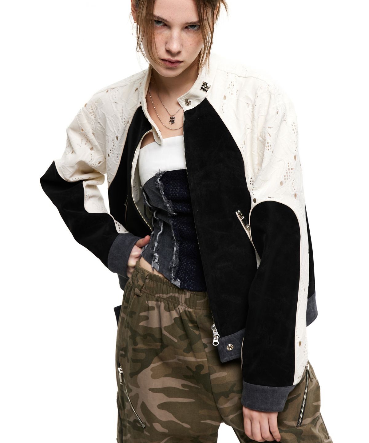 알에스에스씨(RSSC) PUNCHING & LEATHER BIKER JACHET - WHITE/BLACK