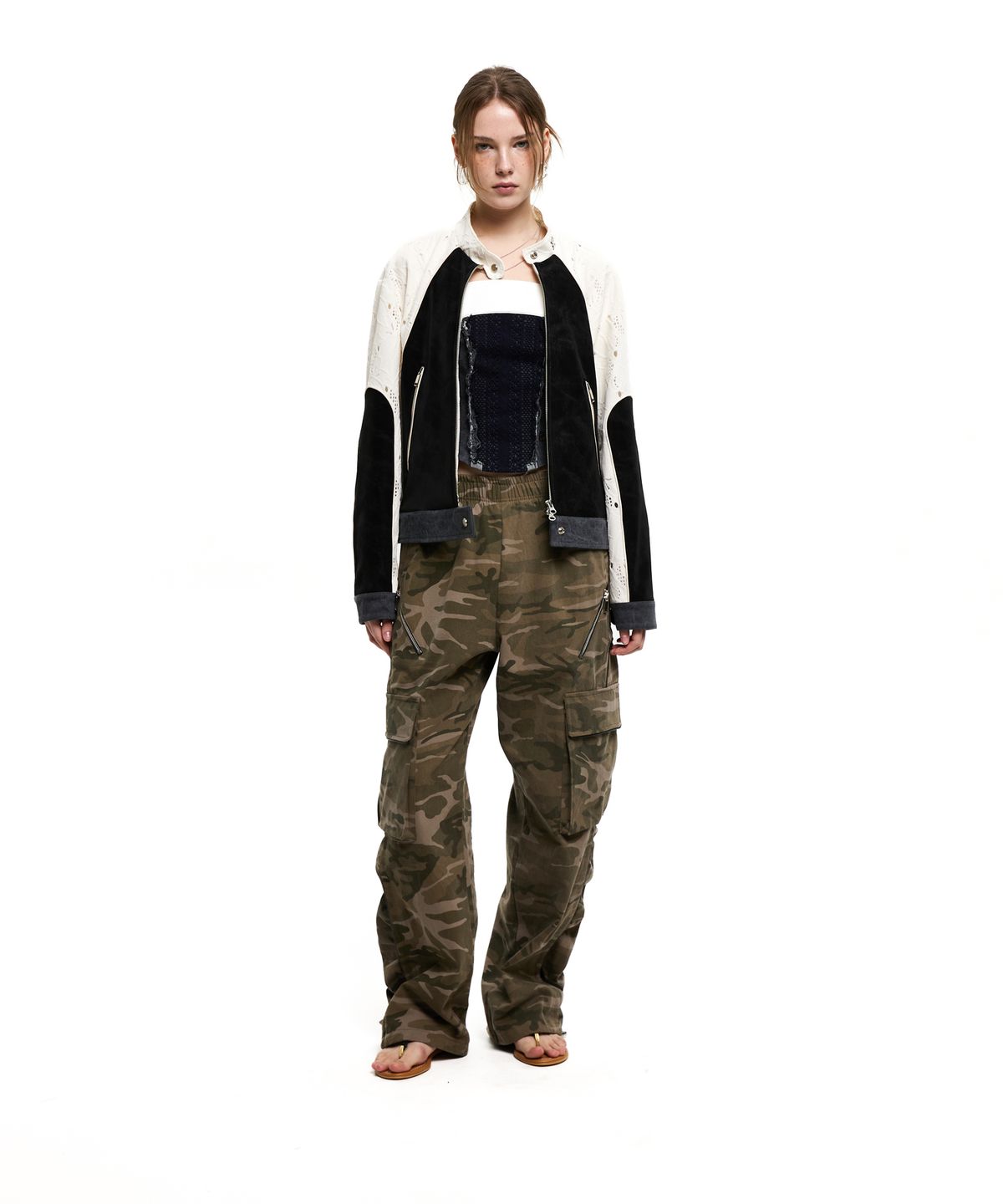 알에스에스씨(RSSC) PUNCHING & LEATHER BIKER JACHET - WHITE/BLACK