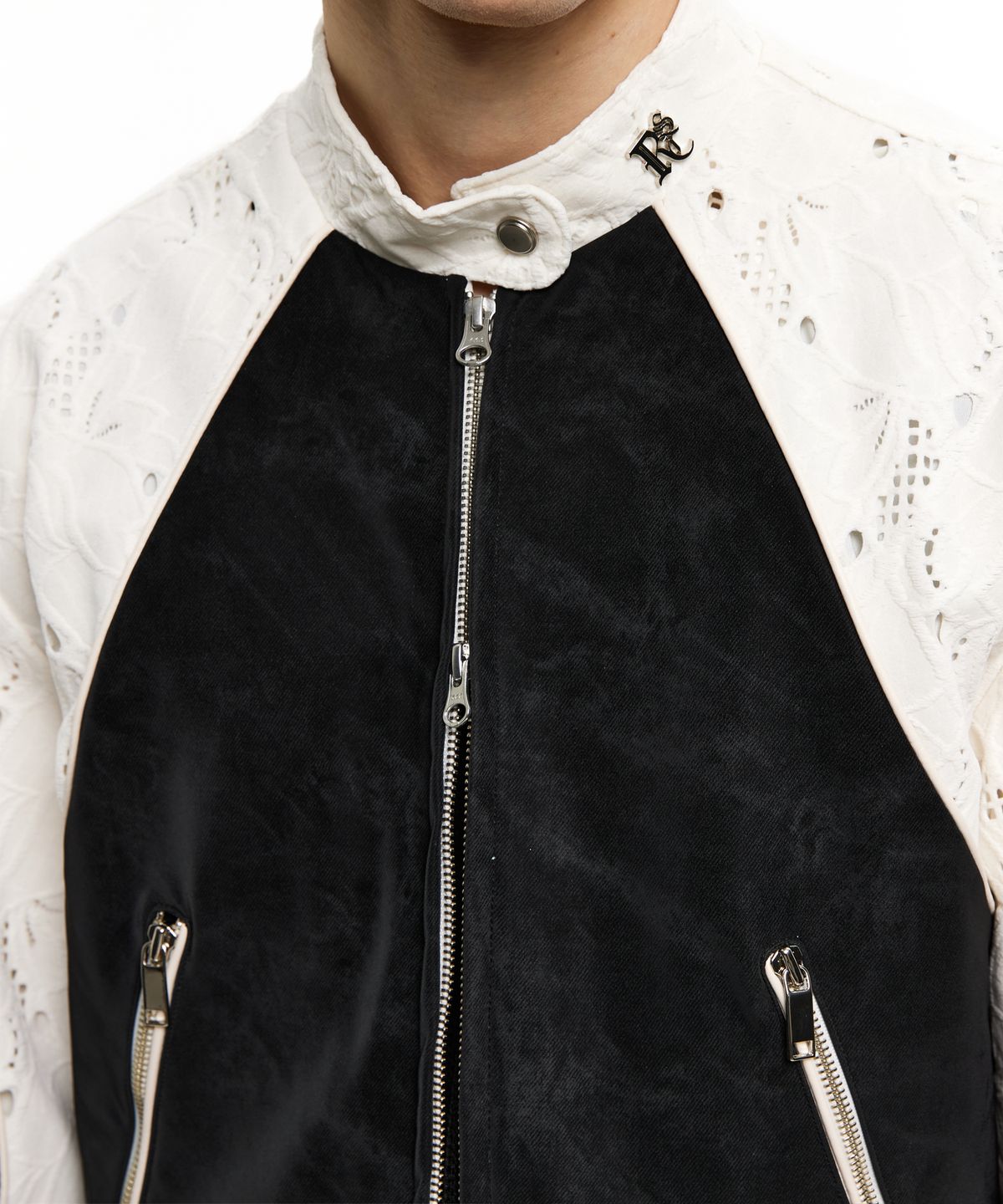 알에스에스씨(RSSC) PUNCHING & LEATHER BIKER JACHET - WHITE/BLACK