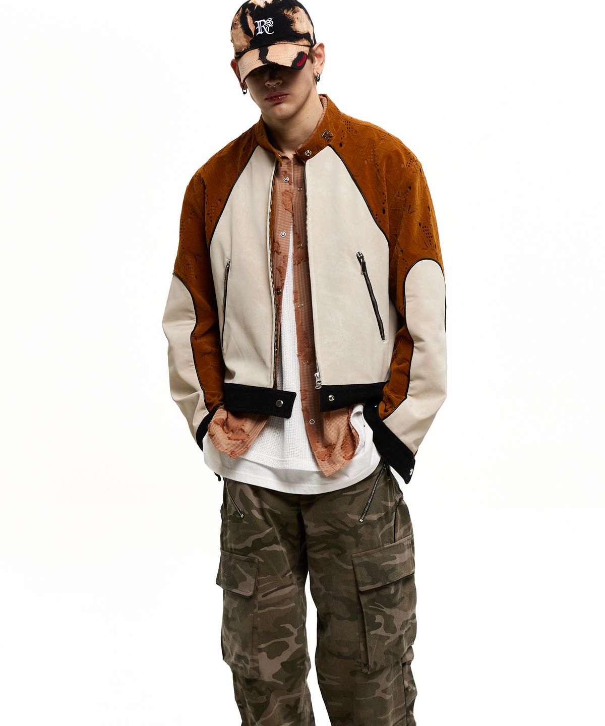 알에스에스씨(RSSC) PUNCHING & LEATHER BIKER JACHET - CAMEL/IVORY
