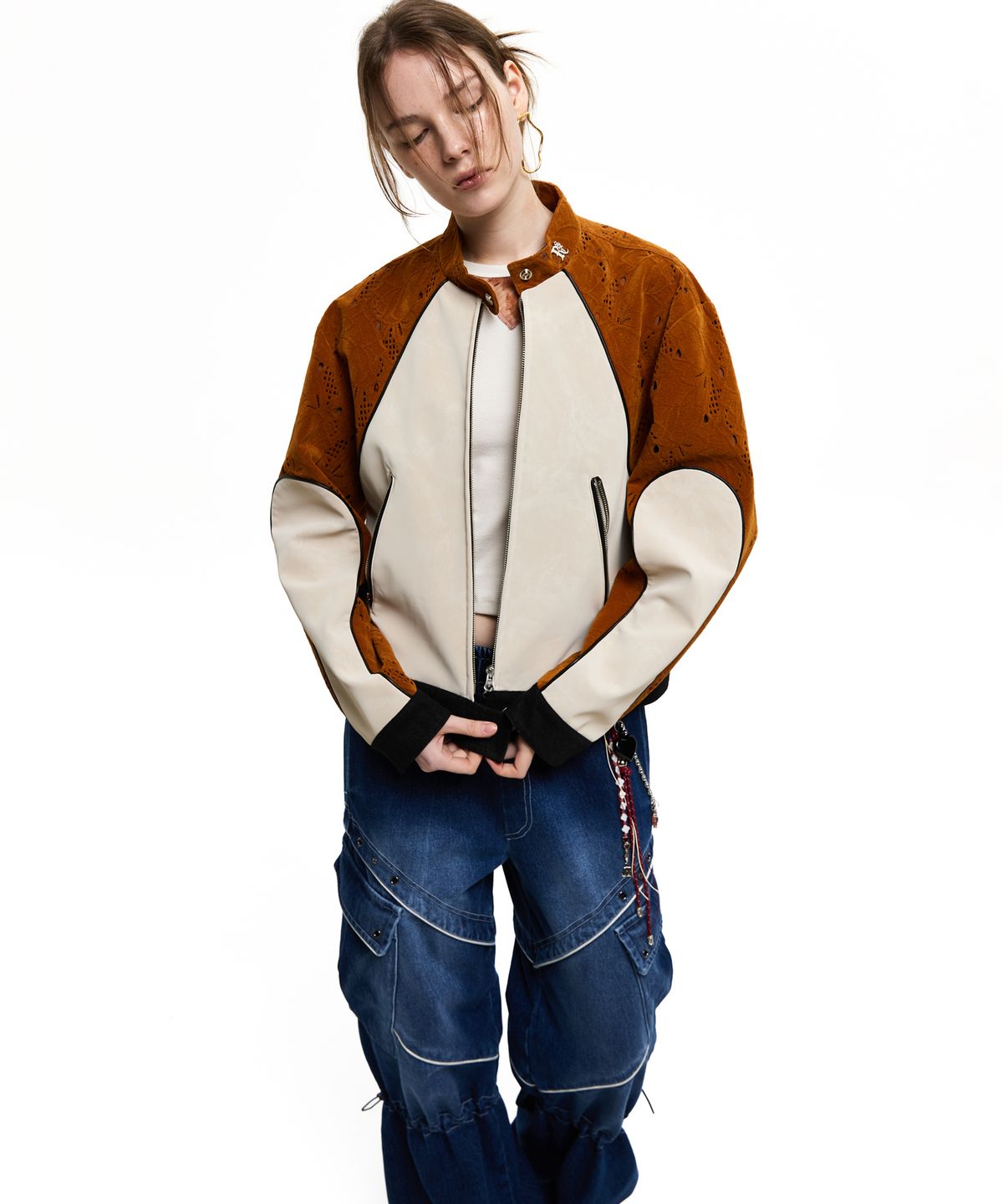 알에스에스씨(RSSC) PUNCHING & LEATHER BIKER JACHET - CAMEL/IVORY
