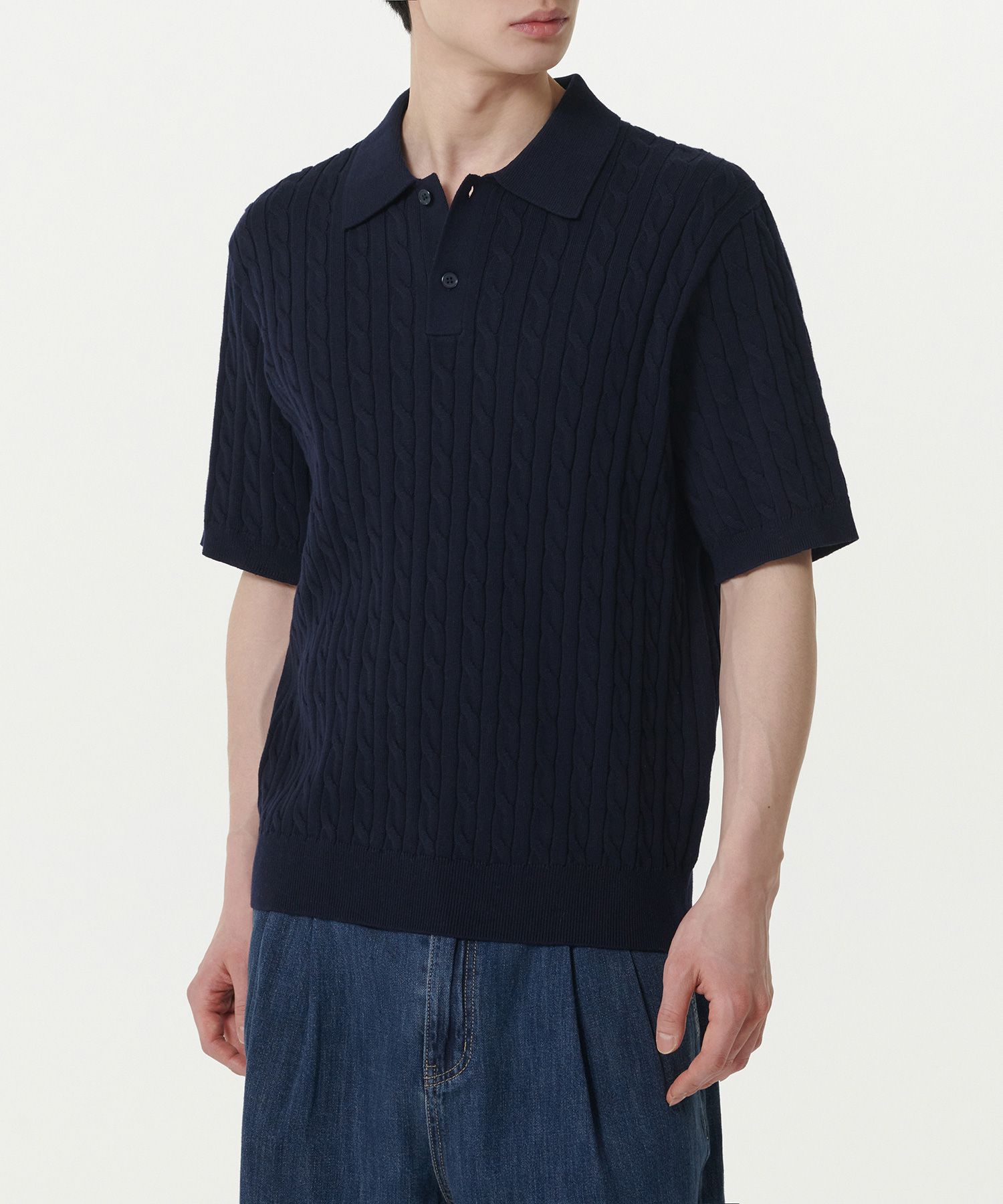 MUSINSA公式 | MUSINSA STANDARD Cable knit polo shirt [navy]