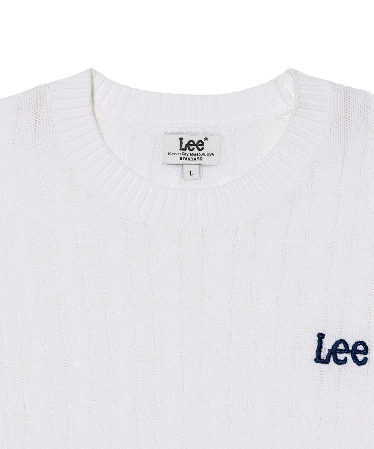 리(LEE) 라운드넥 케이블 반팔 니트 화이트