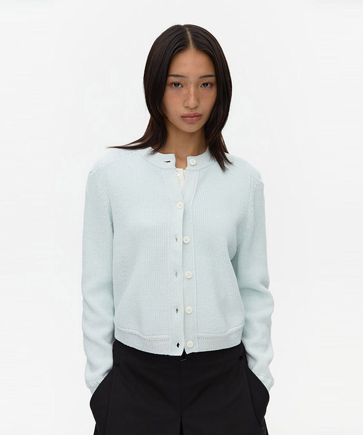 아위(AHWE) Ribbed Shoulder Cardigan_SKY BLUE