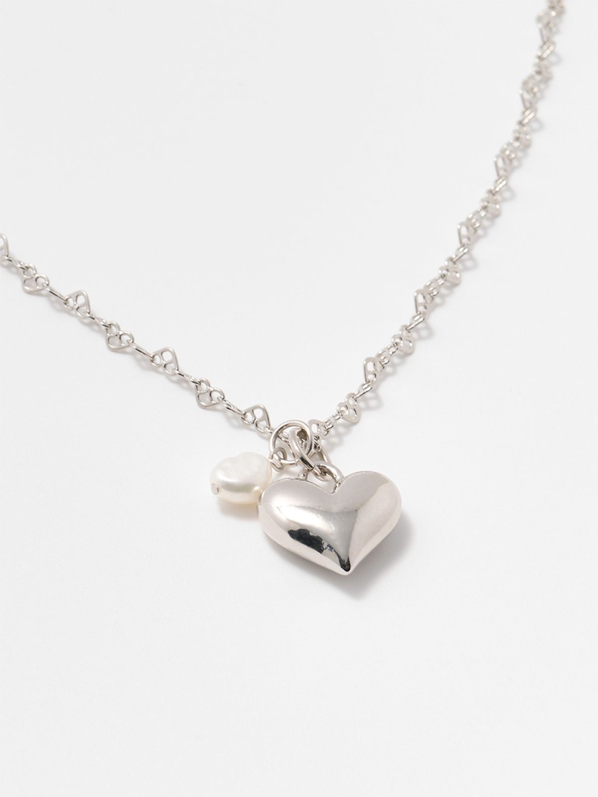 데누(DENU) Heart Pearl Pendant Necklace-Silver