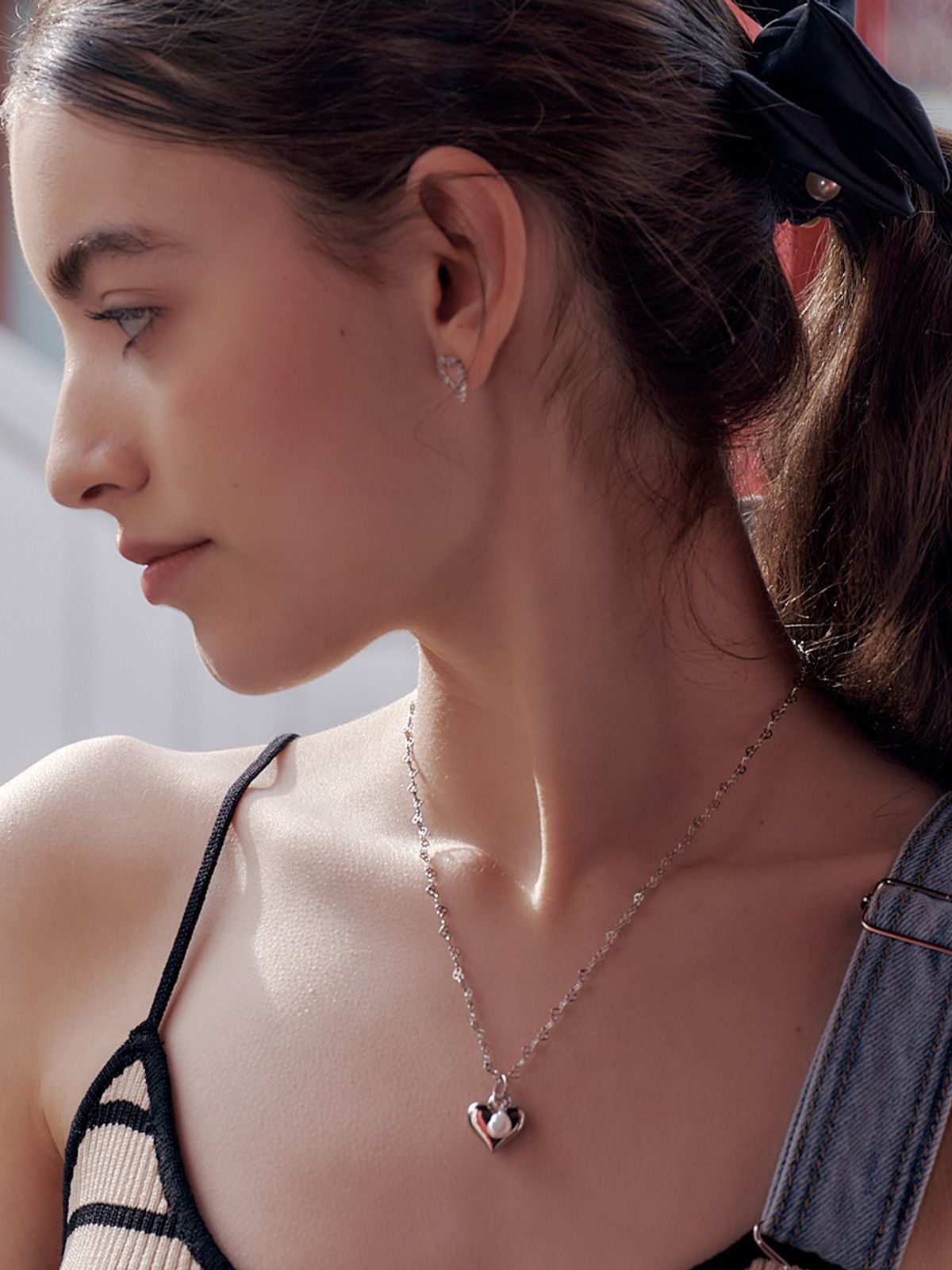 데누(DENU) Heart Pearl Pendant Necklace-Silver