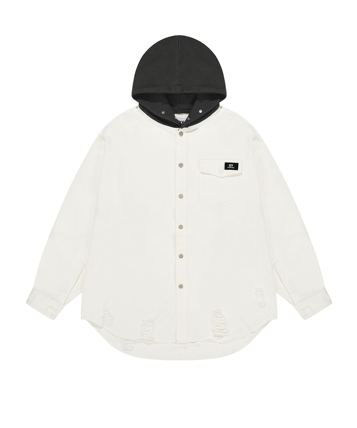 오픈야드(오와이)(OPENYARD(OY)) DESTROYED HOODIE SHIRTS-WHITE