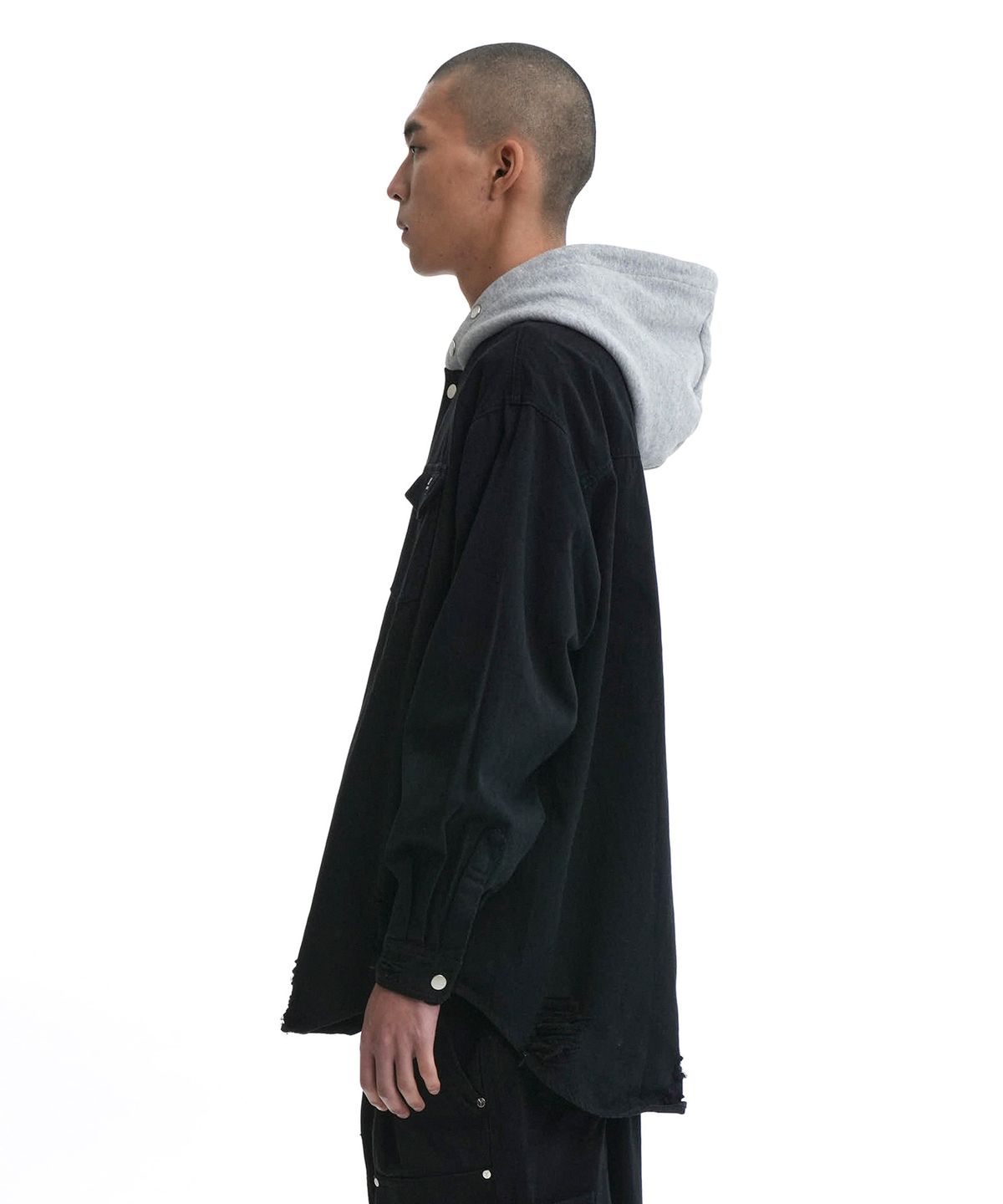 오픈야드(오와이)(OPENYARD(OY)) DESTROYED HOODIE SHIRTS-BLACK