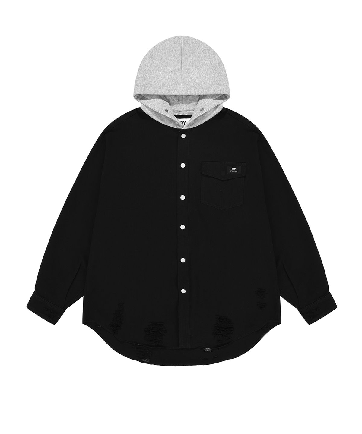 오픈야드(오와이)(OPENYARD(OY)) DESTROYED HOODIE SHIRTS-BLACK