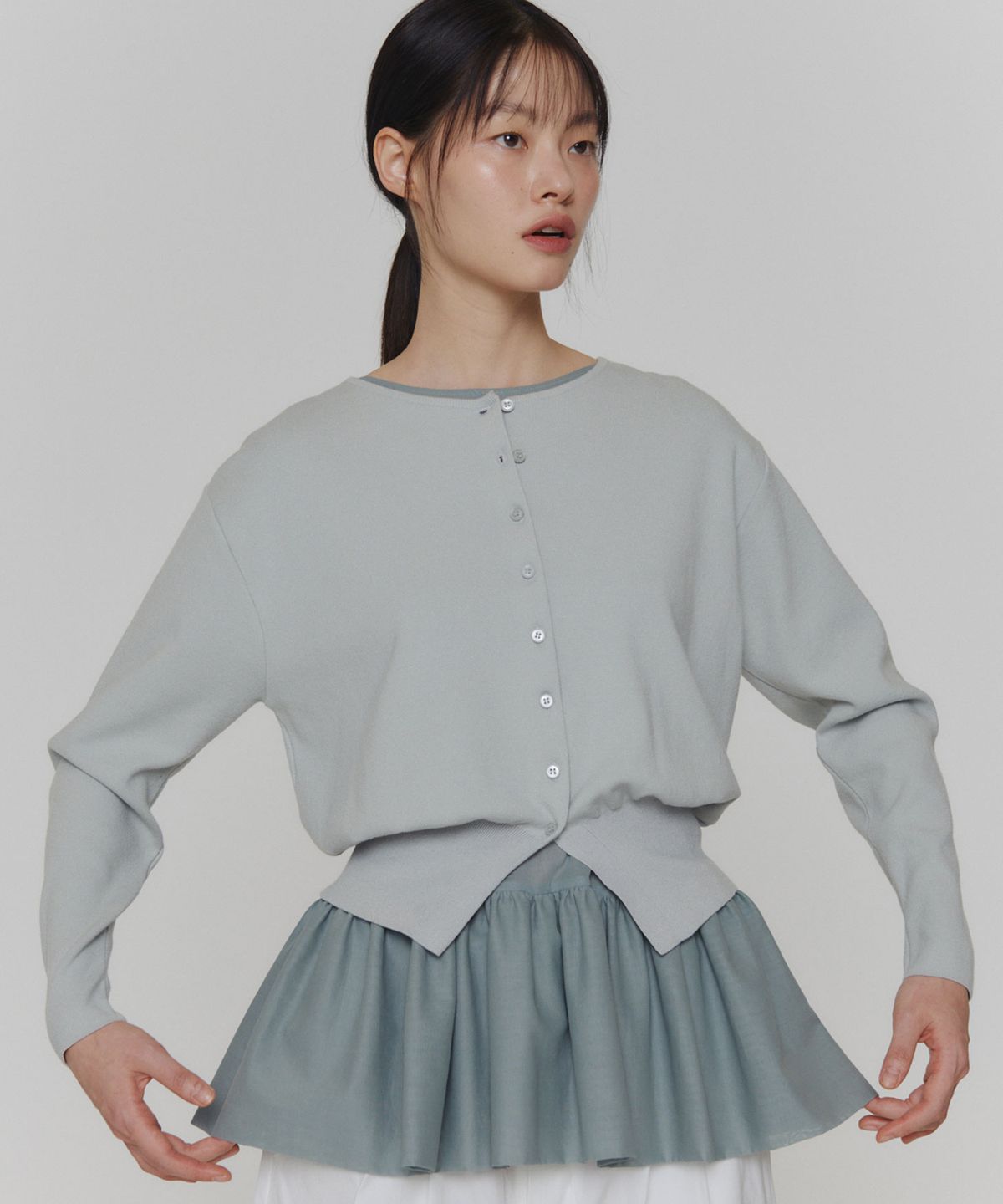 아모멘토(AMOMENTO) ROUND SLEEVE SHIRRED CARDIGAN_MINT