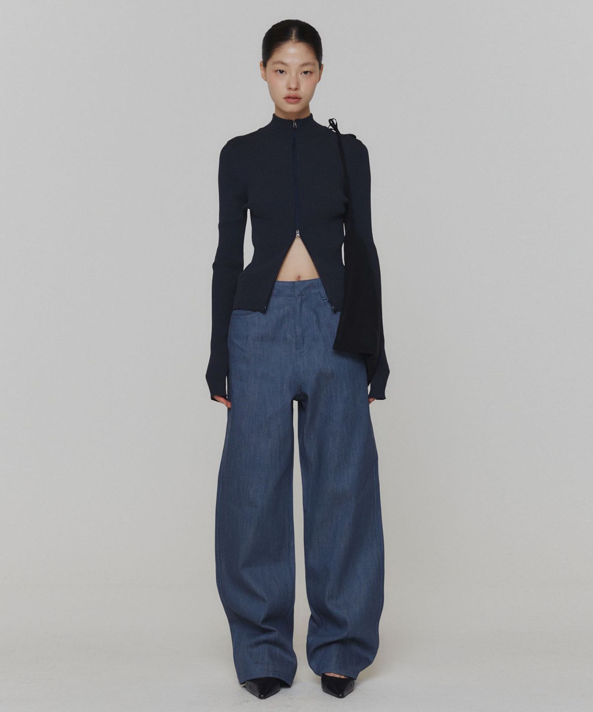 아모멘토(AMOMENTO) RIBBED MOCK NECK CARDIGAN_DARK NAVY
