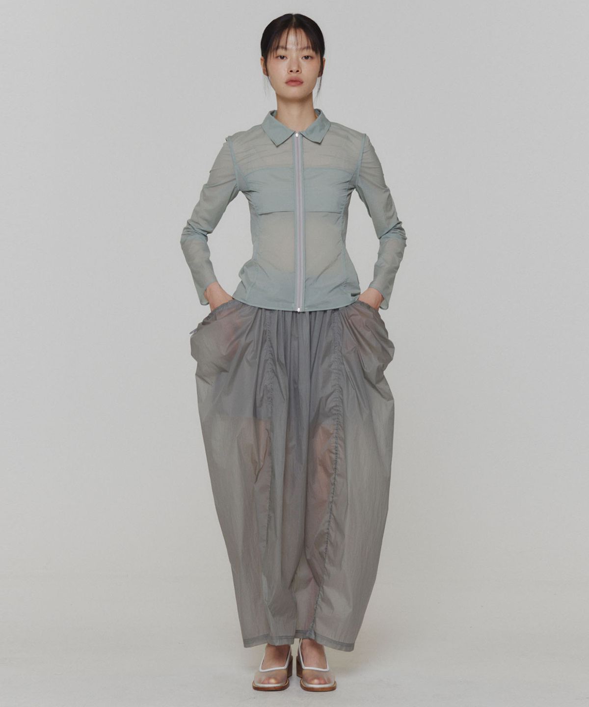 아모멘토(AMOMENTO) LAYERED SHIRRING SKIRT_GREY