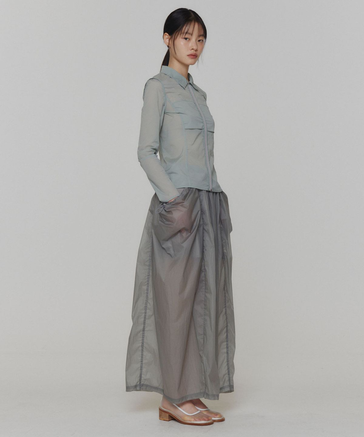 아모멘토(AMOMENTO) LAYERED SHIRRING SKIRT_GREY