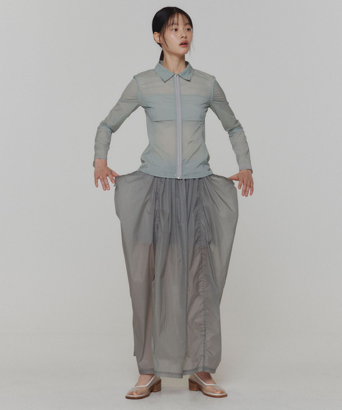 아모멘토(AMOMENTO) LAYERED SHIRRING SKIRT_GREY