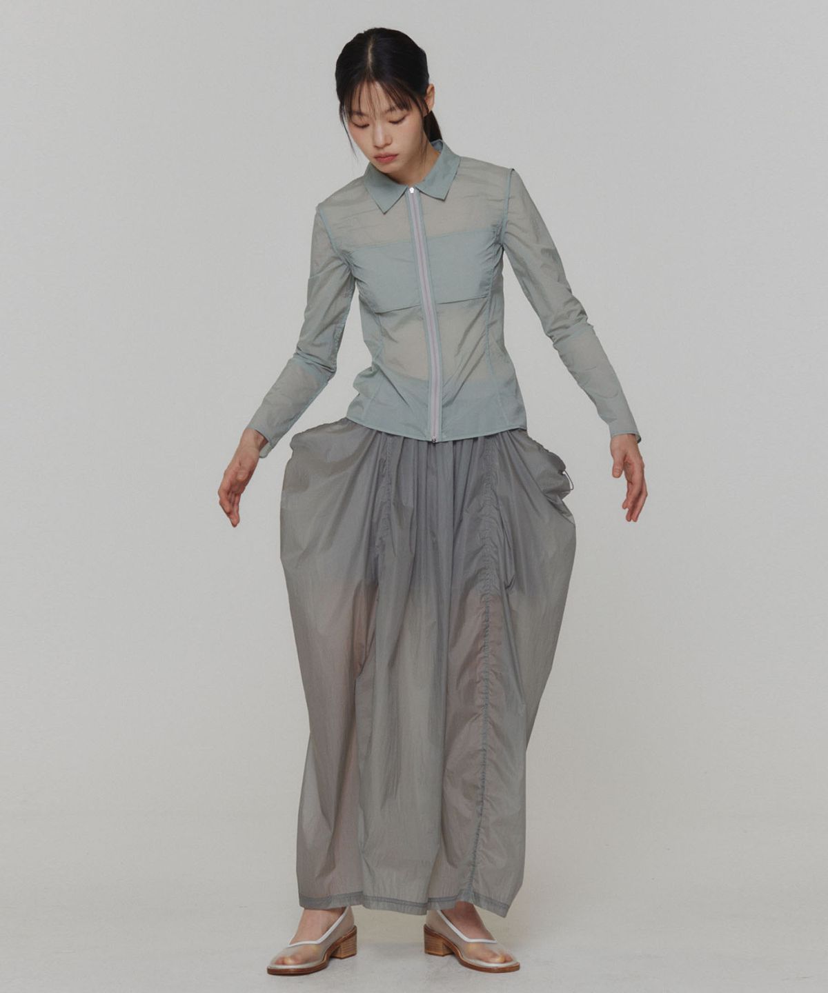 아모멘토(AMOMENTO) LAYERED SHIRRING SKIRT_GREY
