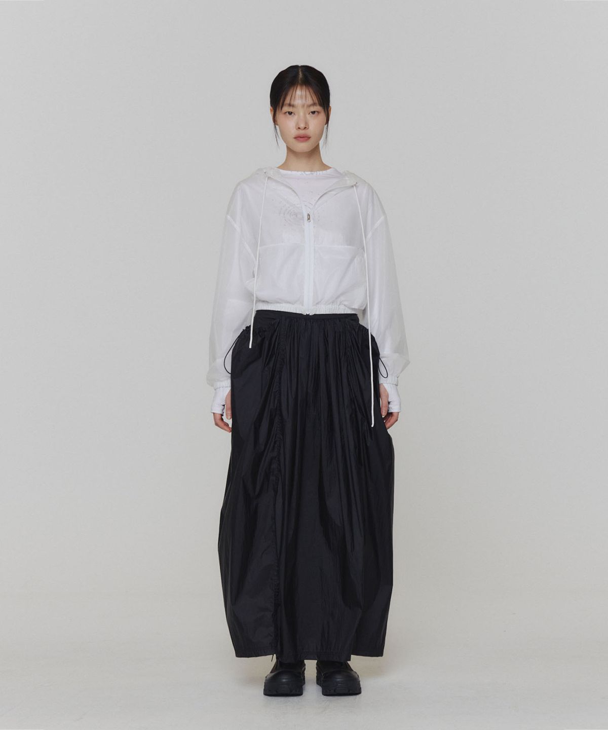 아모멘토(AMOMENTO) LAYERED SHIRRING SKIRT_BLACK