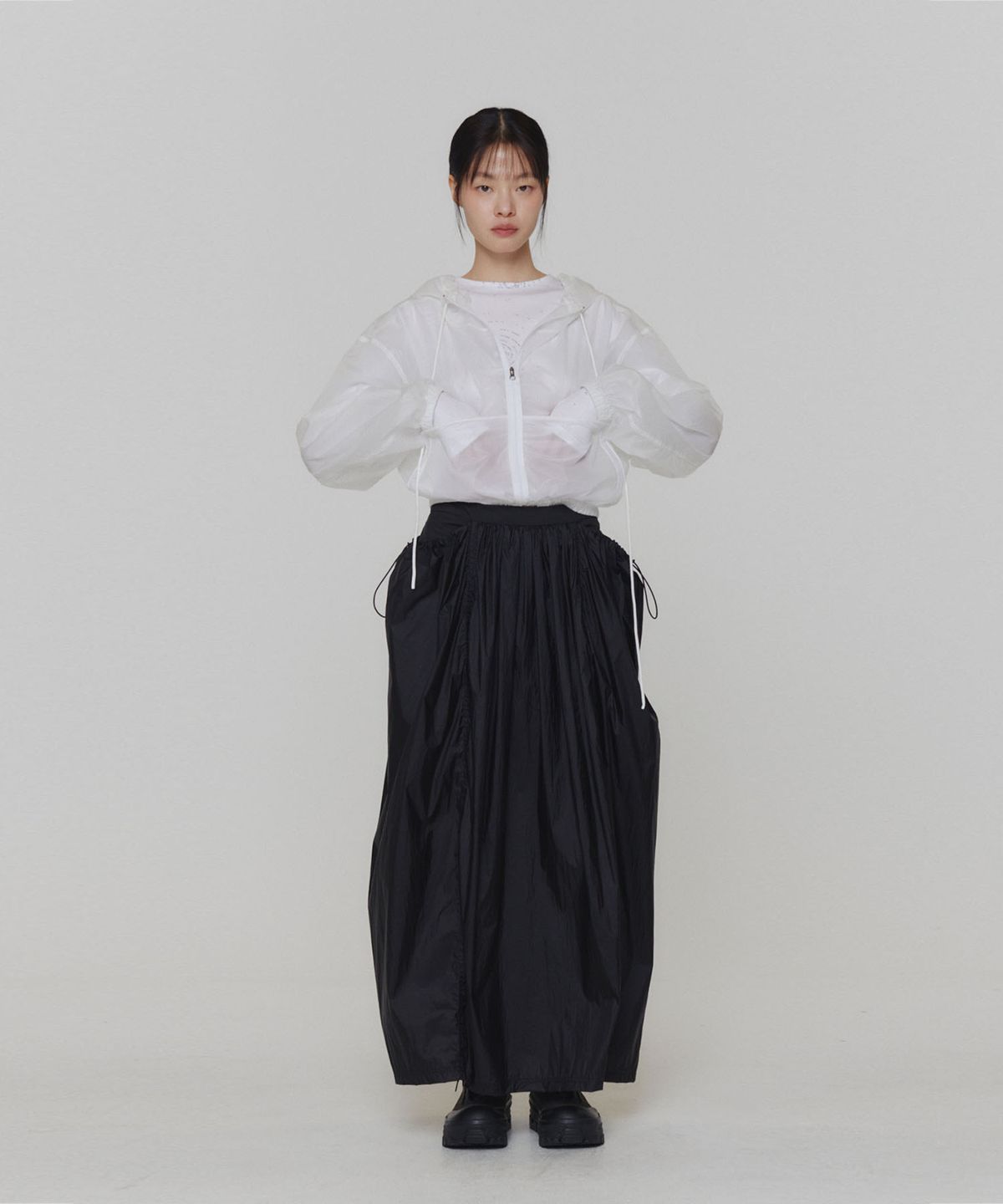아모멘토(AMOMENTO) LAYERED SHIRRING SKIRT_BLACK