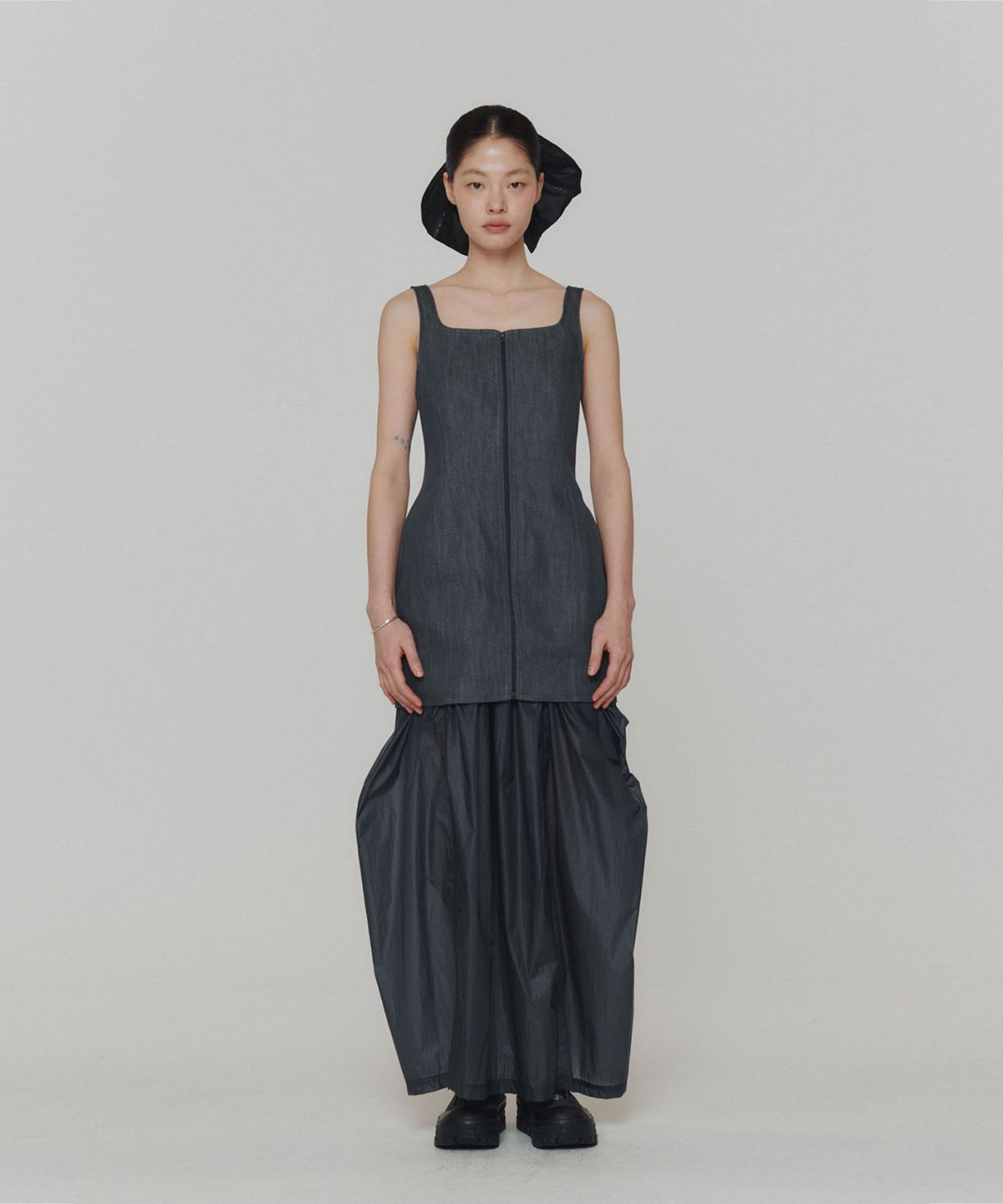 아모멘토(AMOMENTO) LAYERED SHIRRING SKIRT_NAVY