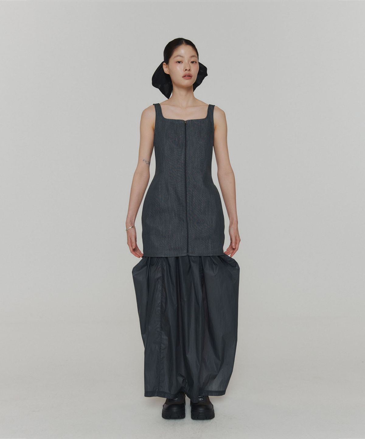 아모멘토(AMOMENTO) LAYERED SHIRRING SKIRT_NAVY