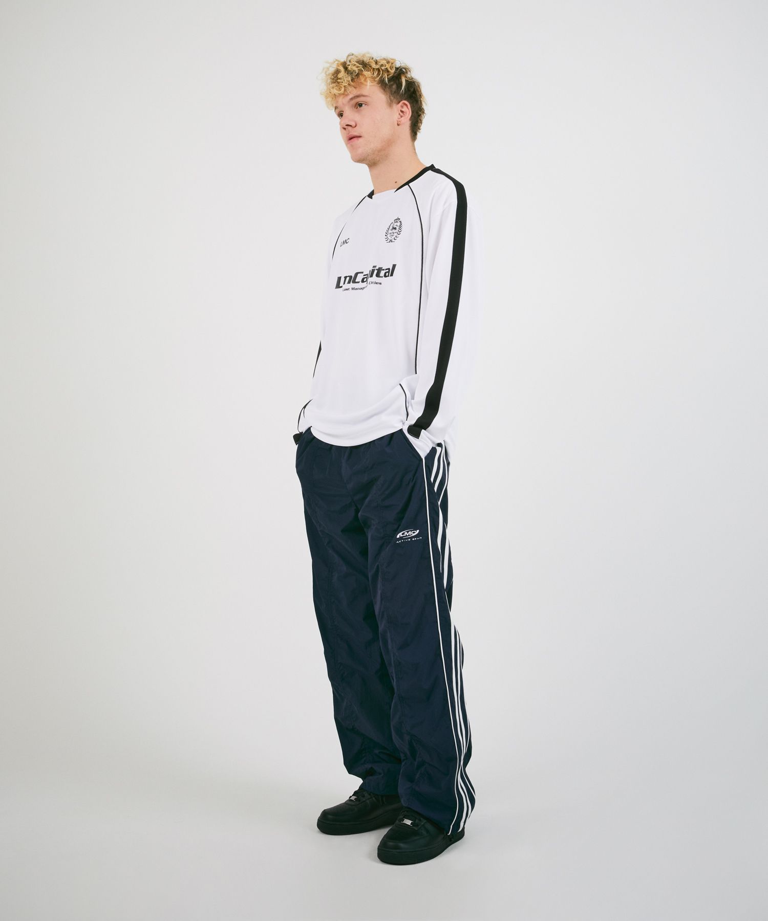 MUSINSA | LMC PIPING LINE TRACK PANTS navy