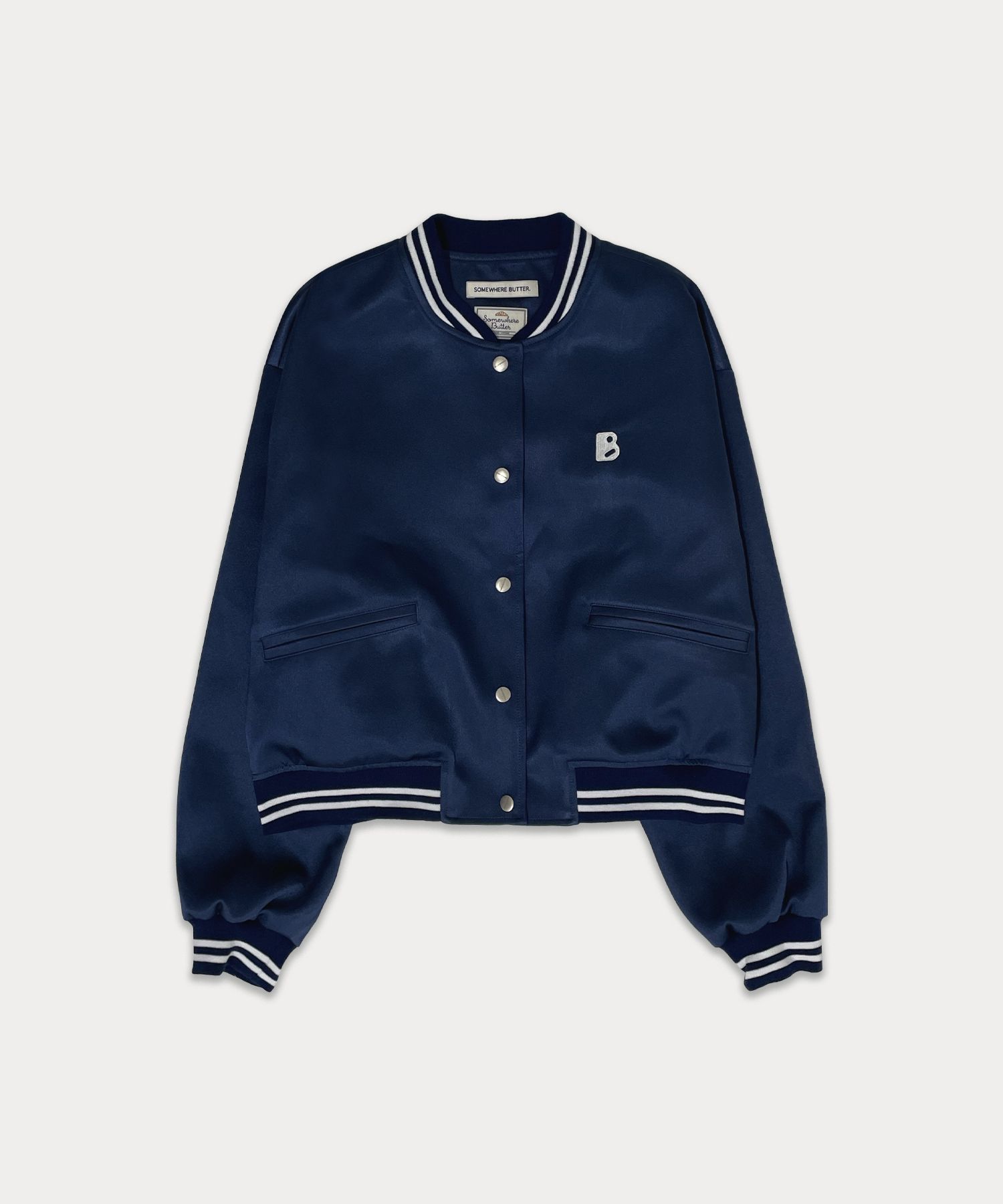 MUSINSA | SOMEWHEREBUTTER Satin varsity jacket - navy