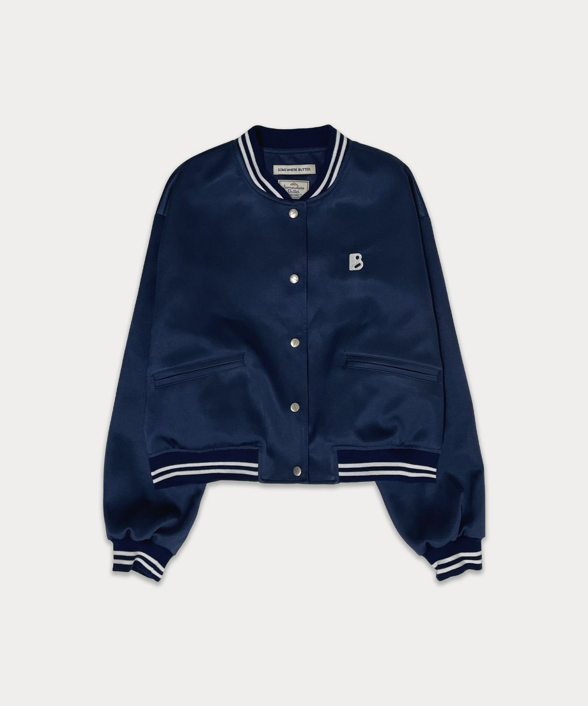 썸웨어버터(SOMEWHEREBUTTER) Satin varsity jacket - navy