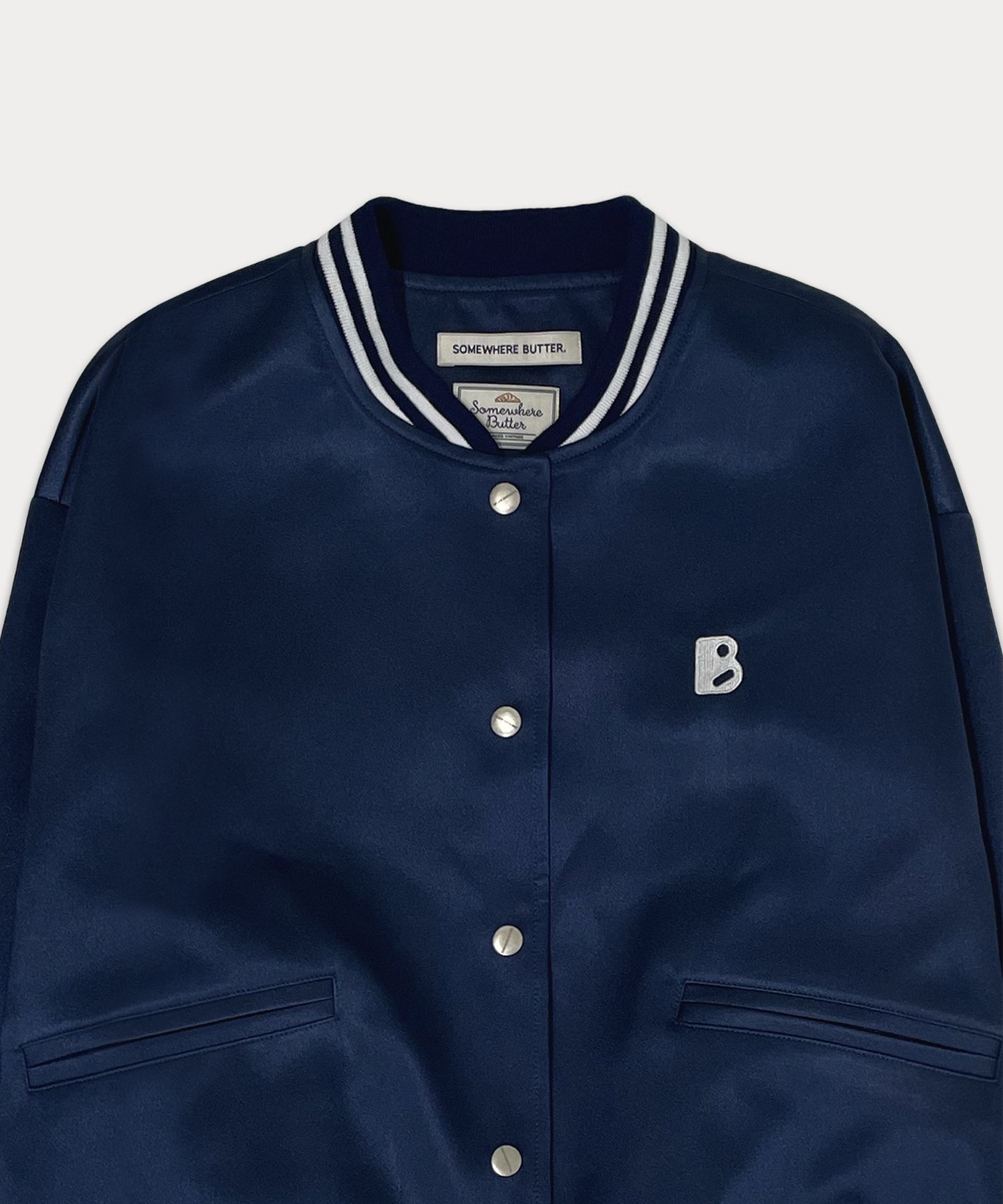 MUSINSA | SOMEWHEREBUTTER Satin varsity jacket - navy