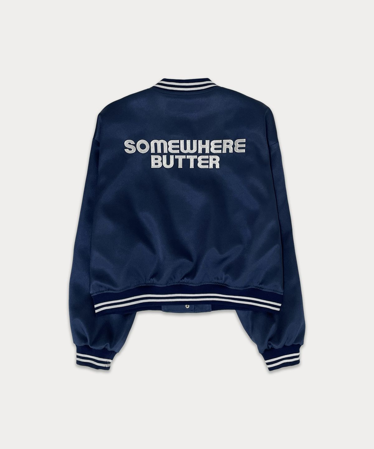 썸웨어버터(SOMEWHEREBUTTER) Satin varsity jacket - navy