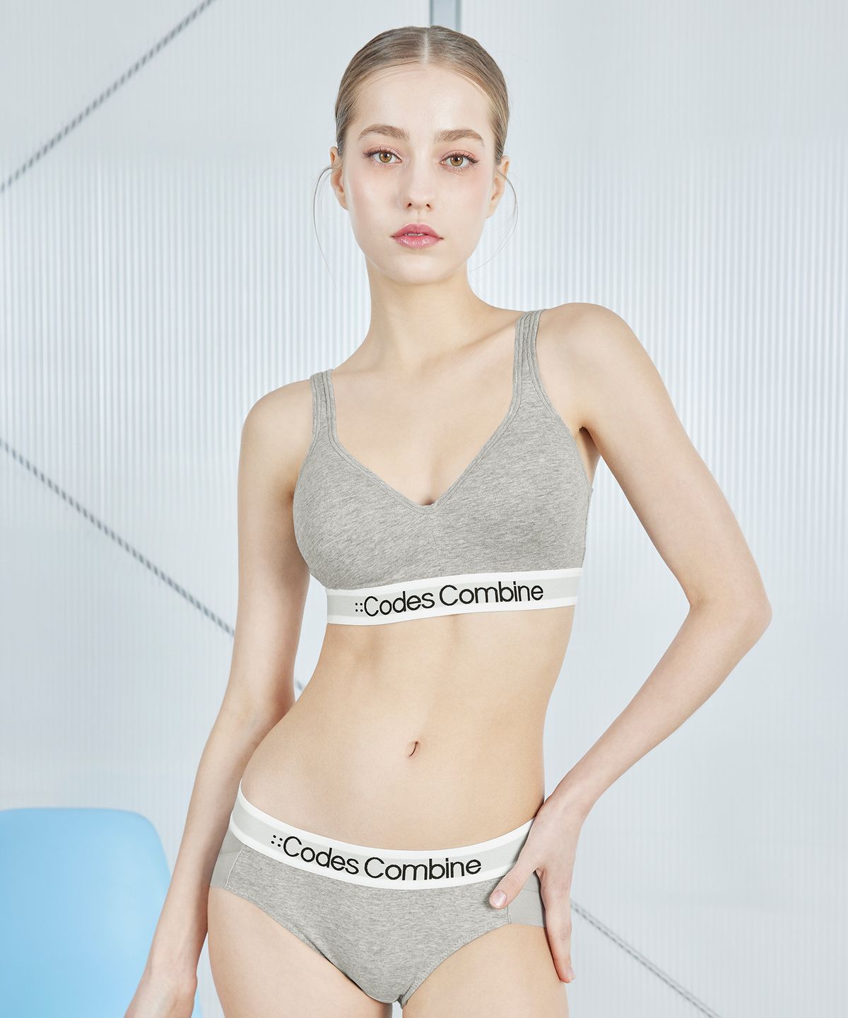 코데즈컴바인 이너웨어(CODES COMBINE INNERWEAR) 와이드윙 코튼 스포츠브라팬티 세트_멜란지그레이