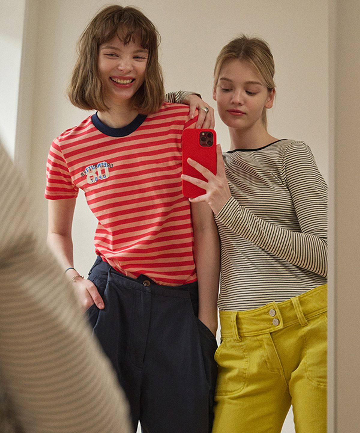 그린버터(GREENBUTTER) Tone on Tone Stripe Tee (Peach Pink)