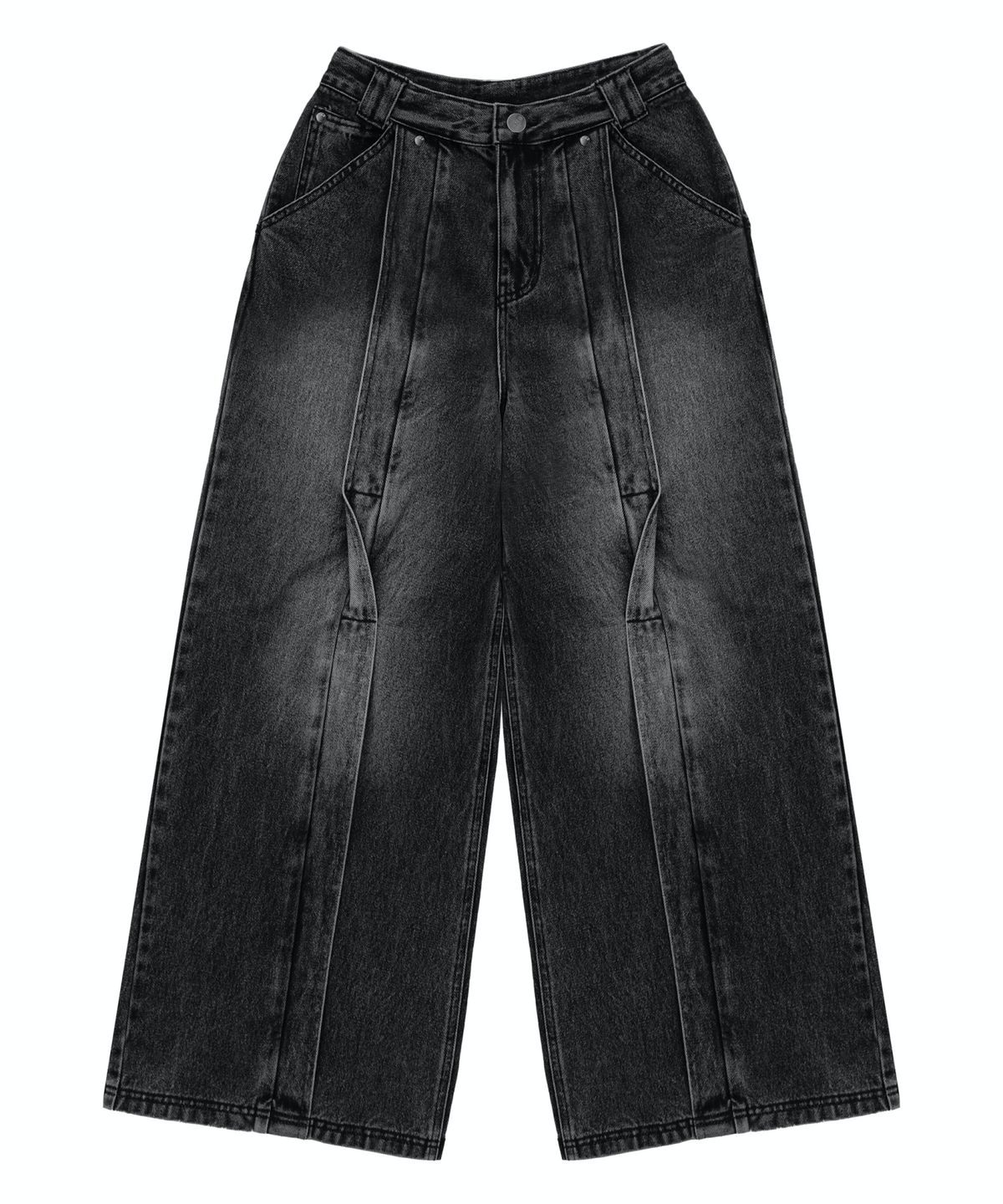 트리밍버드(TREEMINGBIRD) Twisted Wide Denim Set-up Pants [ Black ]