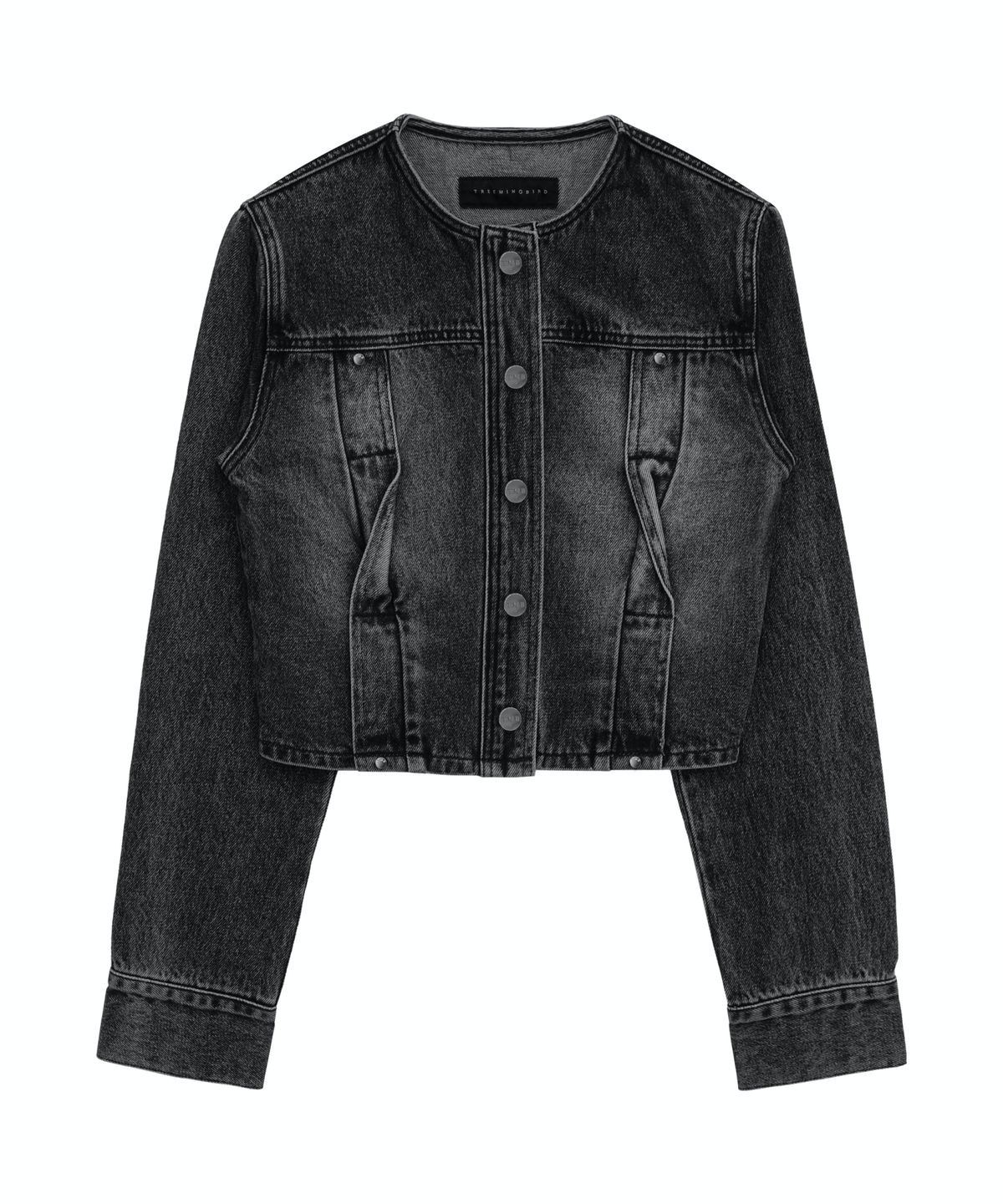 트리밍버드(TREEMINGBIRD) Twisted Non-collar Denim Set-up Jacket [ Black ]