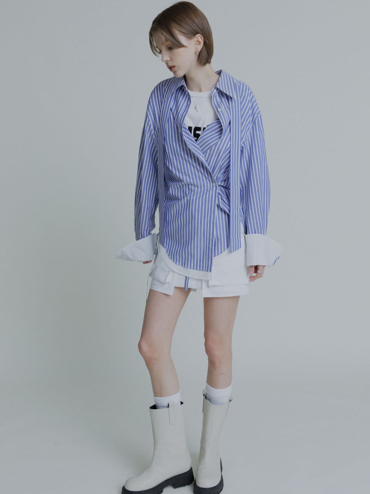뮤제(MUSEE) MARIA Double Layered Cuffs Shirts - Blue Stripe