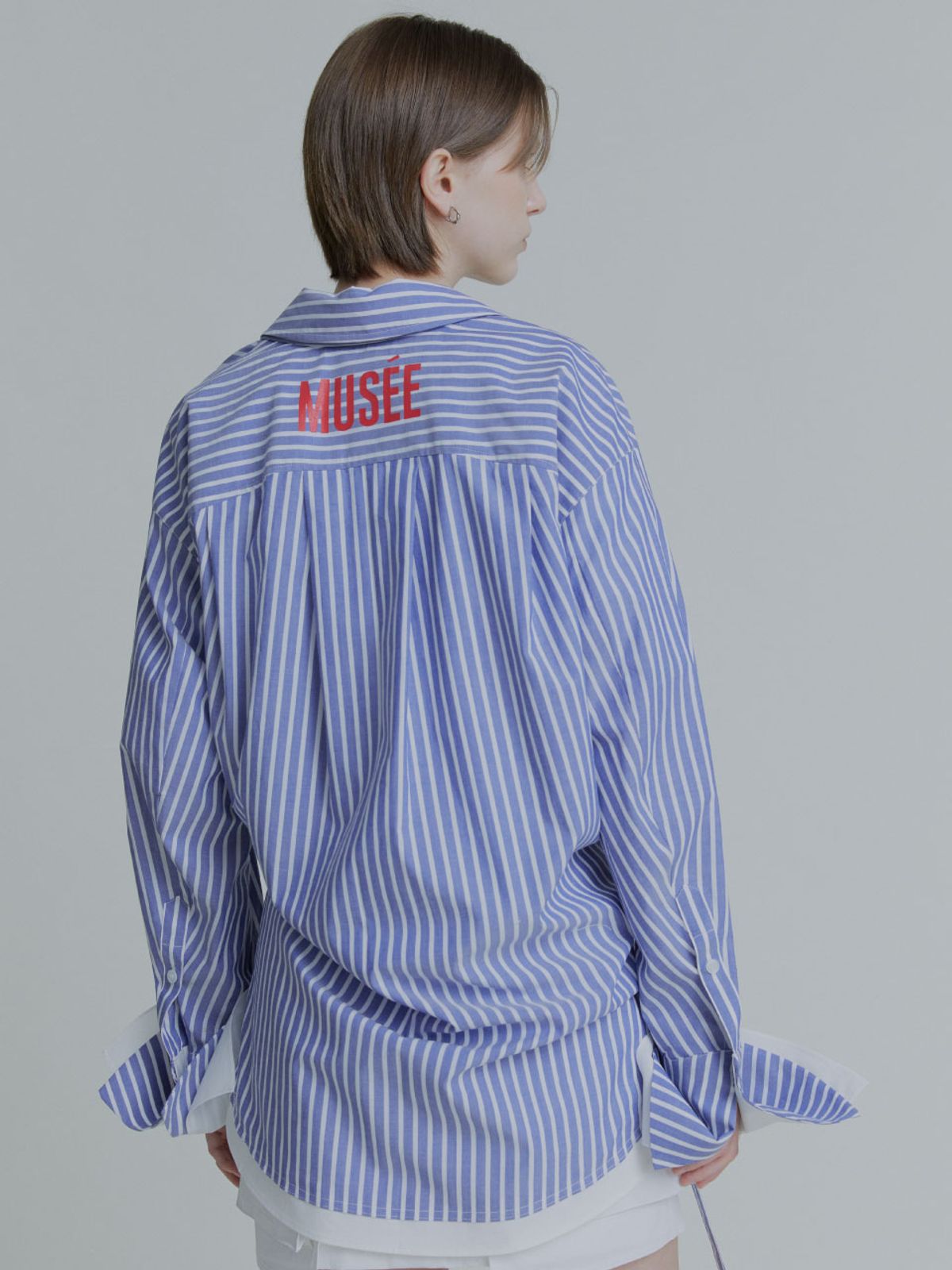 뮤제(MUSEE) MARIA Double Layered Cuffs Shirts - Blue Stripe