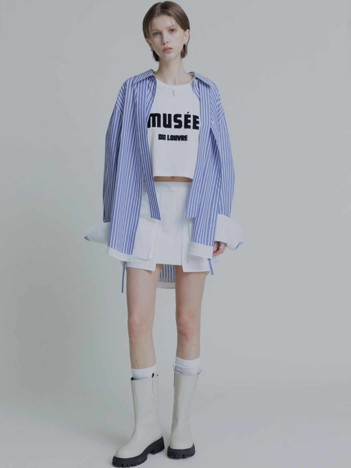 뮤제(MUSEE) MARIA Double Layered Cuffs Shirts - Blue Stripe