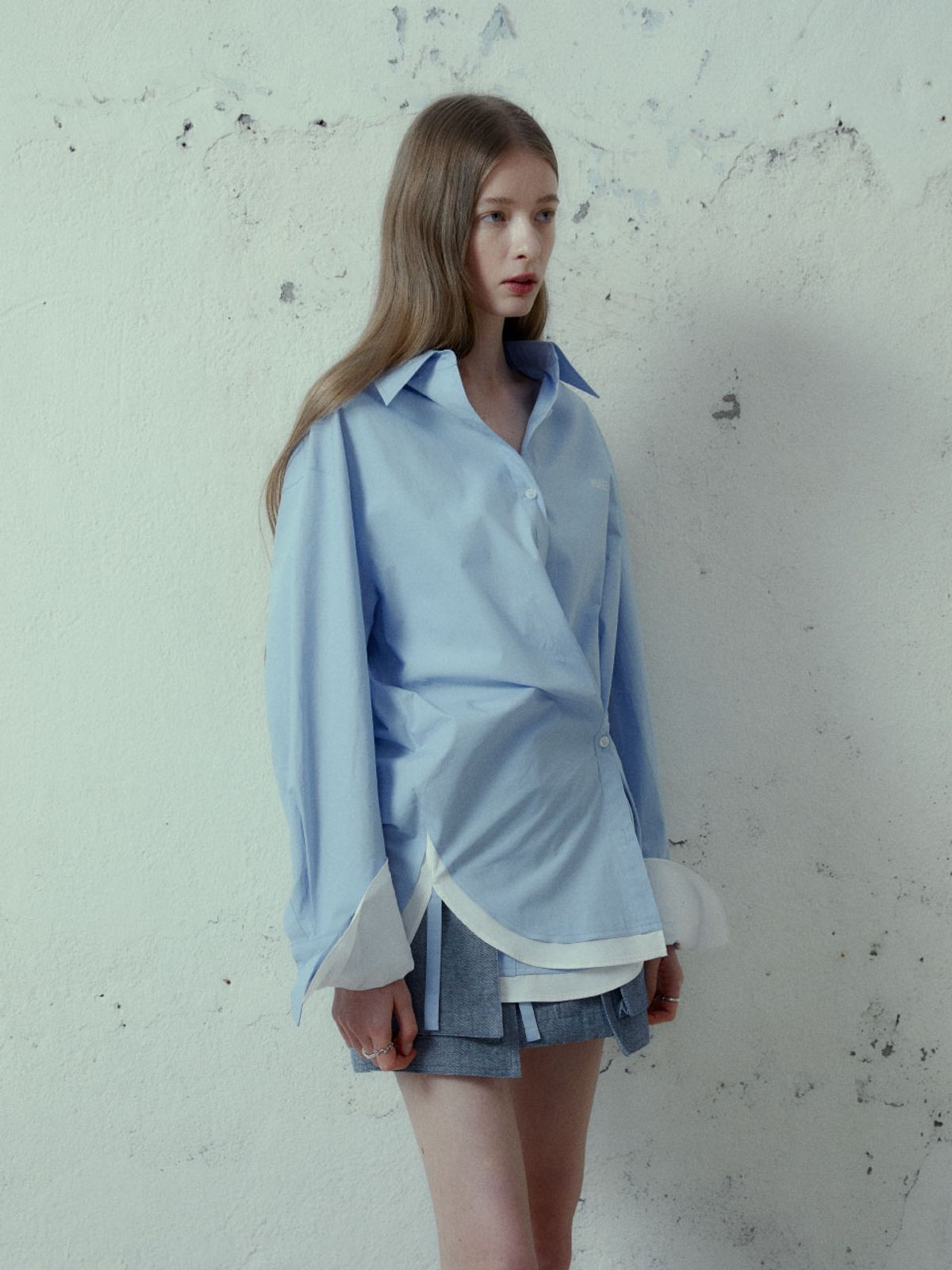 뮤제(MUSEE) MARIA Double Layered Cuffs Shirts - Blue