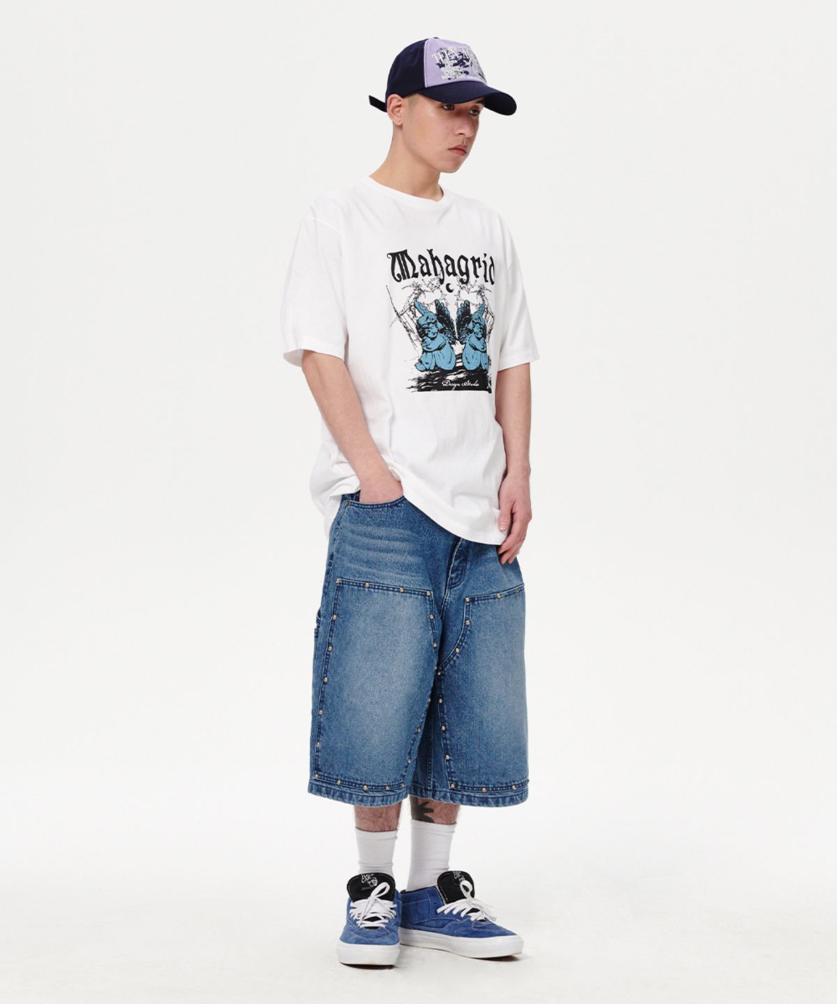 마하그리드(MAHAGRID) STUD DOUBLE KNEE DENIM SHORT BLUE(MG2EMMD160A)