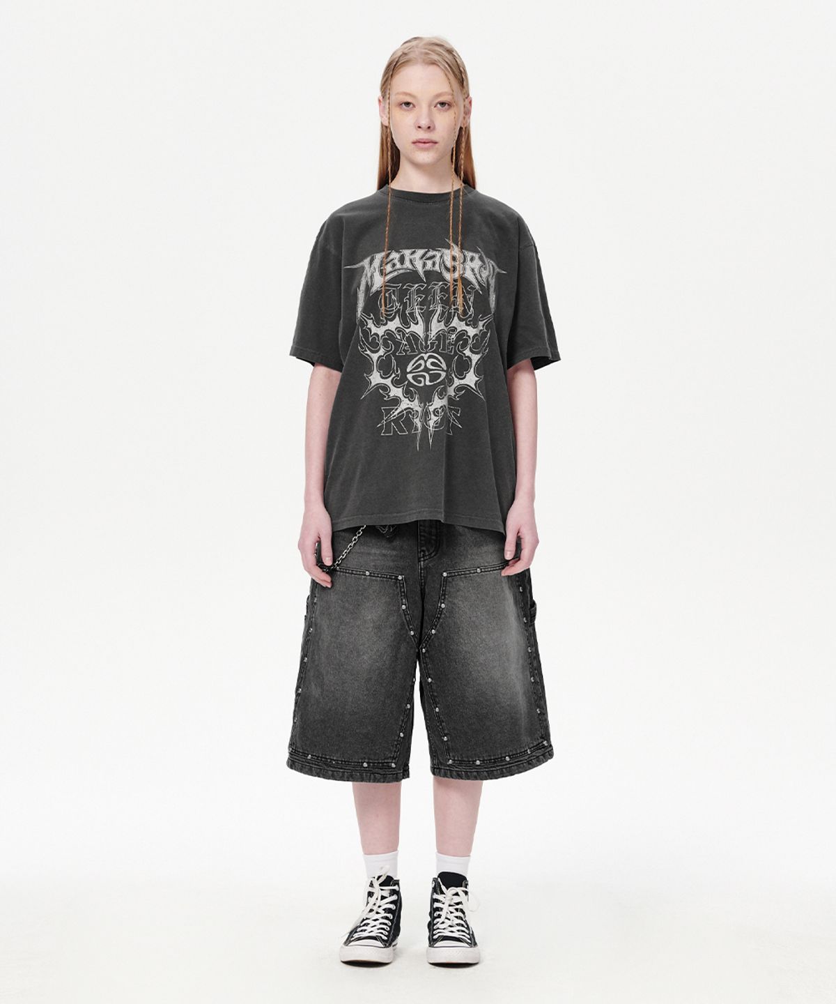 마하그리드(MAHAGRID) STUD DOUBLE KNEE DENIM SHORT BLACK(MG2EMMD160A)