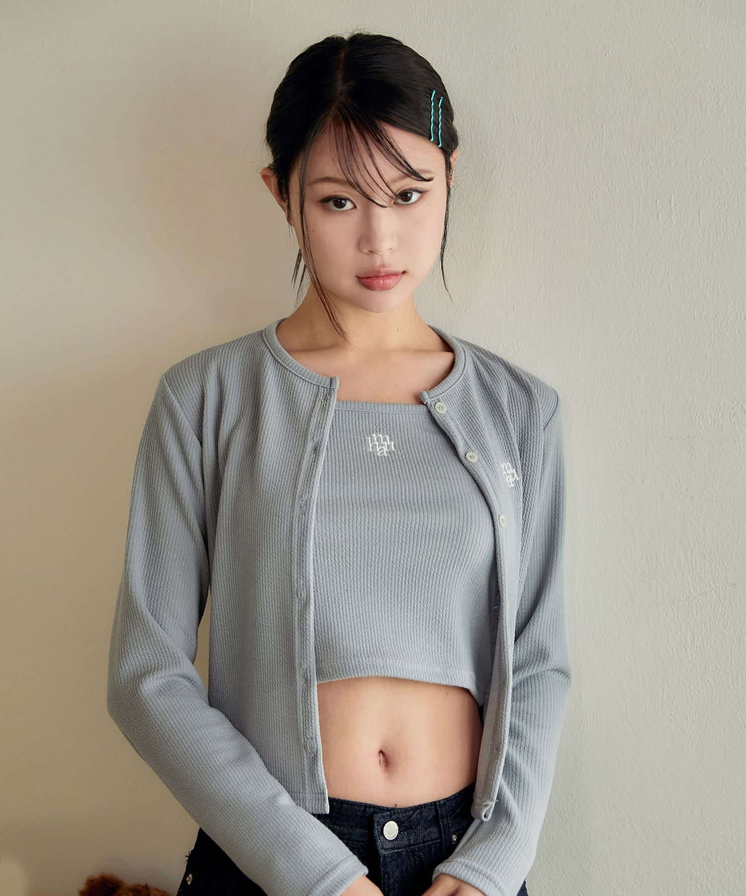 MUSINSA | MUAHMUAH [SET] Logo Slim Fit Knit Cardigan Sleeveless [Mint]