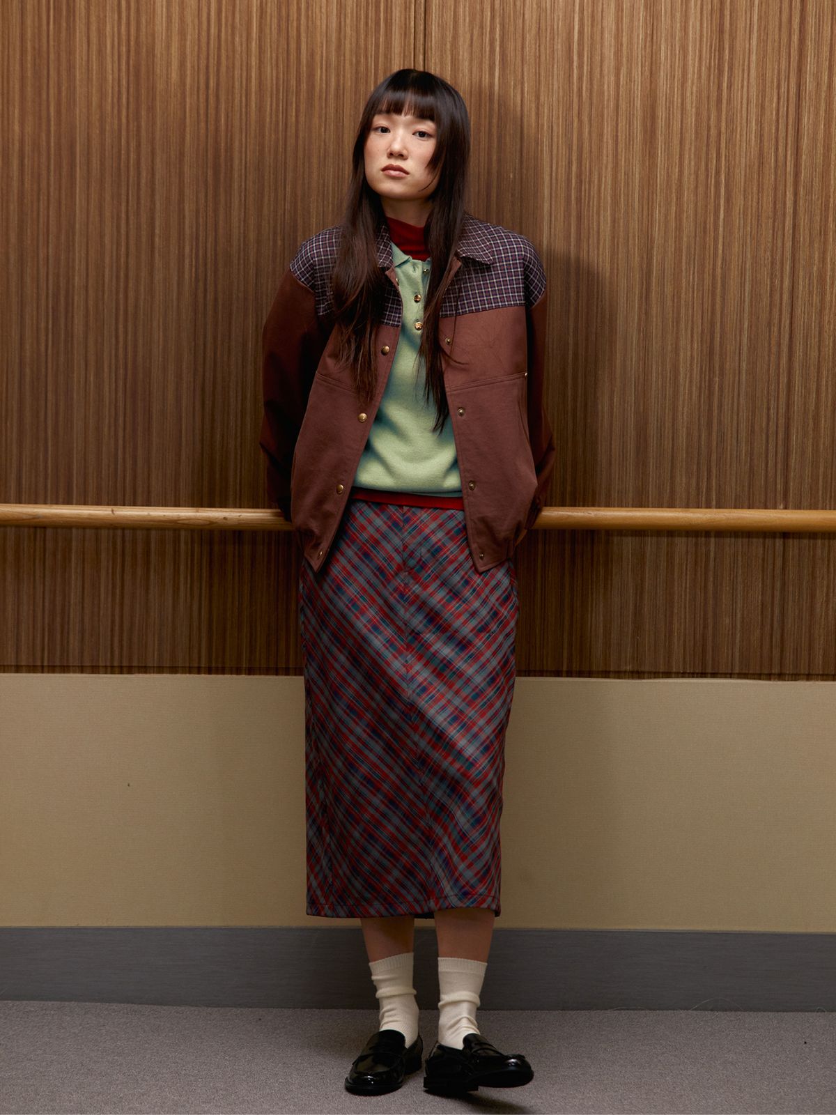 시엔느(SIENNE) Brun Checked Bomber Jacket (Red Brown)