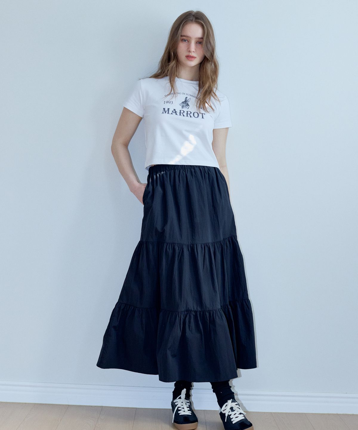 마롯(MARROT) SHIRRING FRILL LONG SKIRT_BLACK