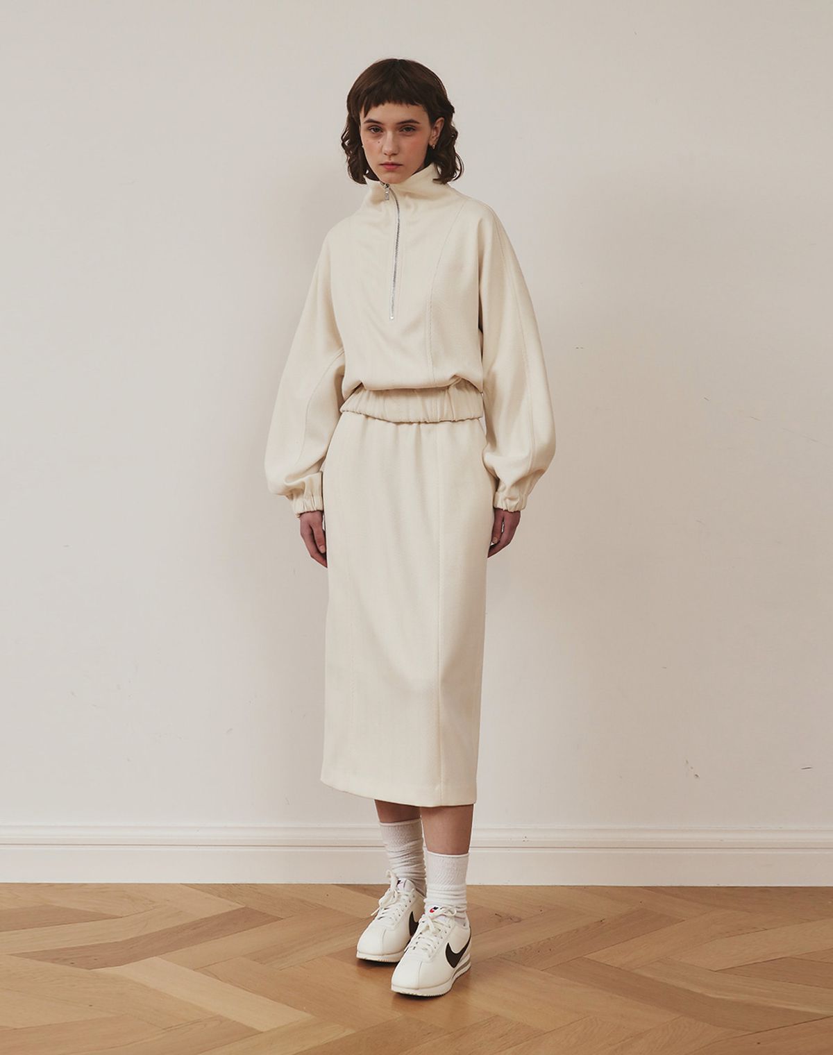지에마르(GIEMAR) HERRINGBONE H LINE SKIRT IVORY/GRAY