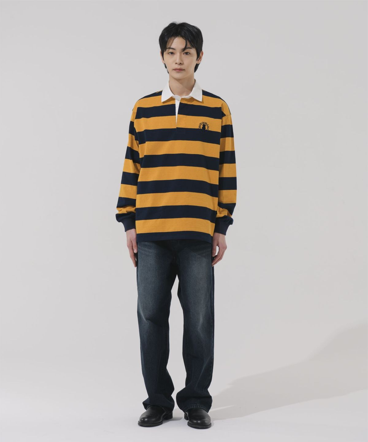 바쥬비쥬(BAJOO BIJOO) CIRCLE EMBROIDERY OVER-FIT RUGBY SHIRT [YELLOW]