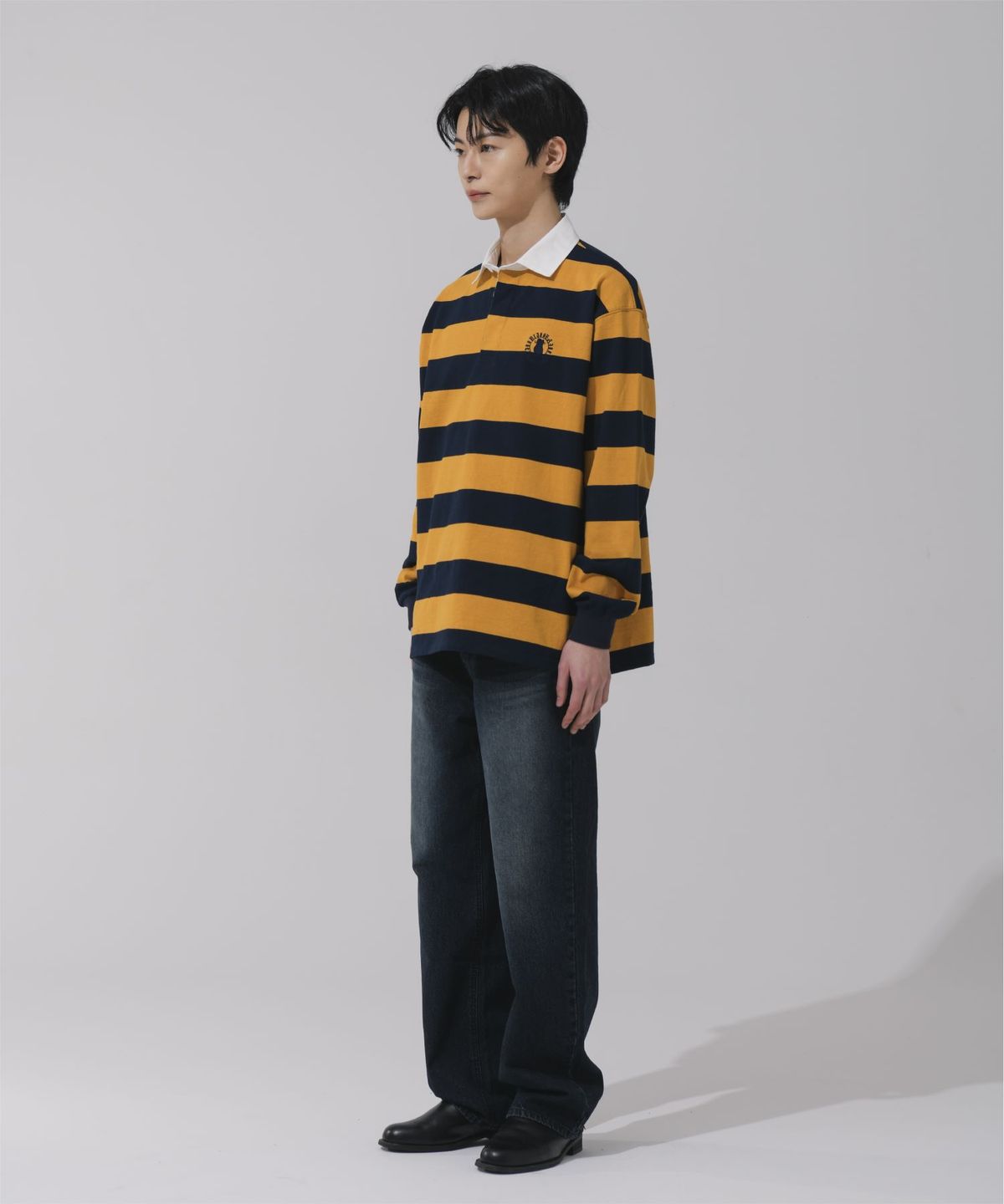 바쥬비쥬(BAJOO BIJOO) CIRCLE EMBROIDERY OVER-FIT RUGBY SHIRT [YELLOW]