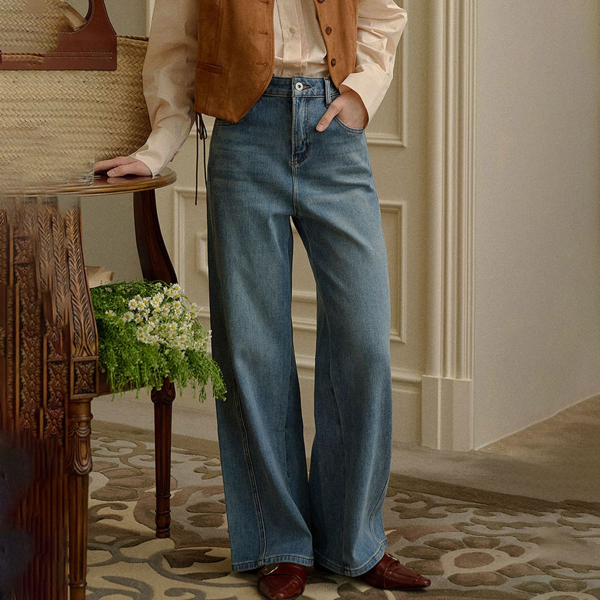 심플레트로(SIMPLE RETRO) SR_Wash casual wide leg jeans