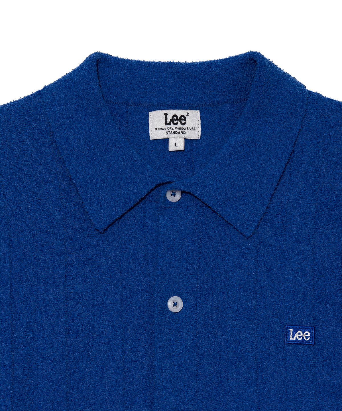 리(LEE) 부클 카라 반팔 가디건 블루